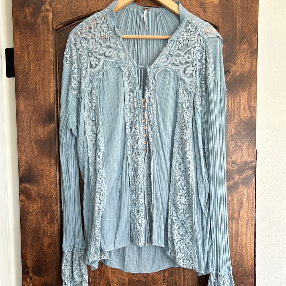 Free People Blue Long Sleeve V-Neck Blouse with Tie Front and Mandarin Collar